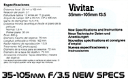 Click to download Vivitar 35-105mm f/3.5 Zoom Lens New Specifications.